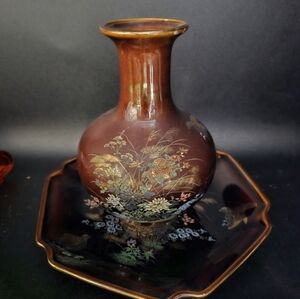 Vintage vase brown vase decorated‎ with birds and flowers with matching tray